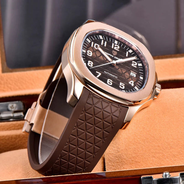 Luxury watch PD-YS031 with brown strap and black dial on a wooden display box