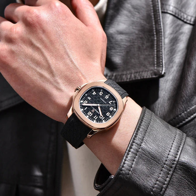 Person wearing a PD-YS031 watch with a black strap and black dial.