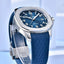 PD-YS031 Blue watch with a silver case on a light blue background