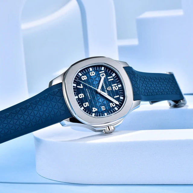 PD-YS031 Blue watch with a textured strap on a light blue background