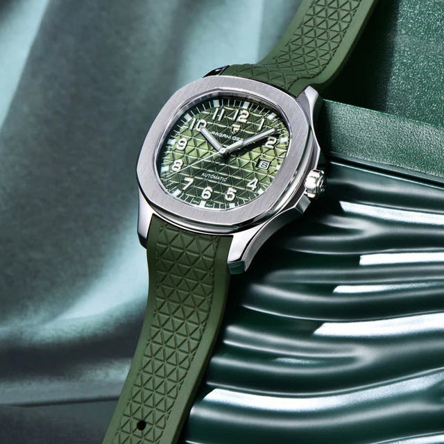 Green PD-YS031 watch with silver case on a textured green surface