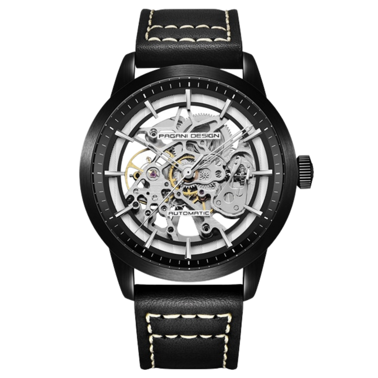 PAGANI DESIGN 2023 orologio da uomo automatico scheletrato, in acciaio inossidabile, cinturino in pelle, impermeabile fino a 100 metri (Serie nera- 1638